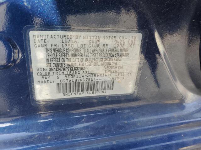 Aukcja sprzedaży 2019 Nissan Versa S, vin: 3N1CN7AP7KL837081, numer aukcji: 45201784