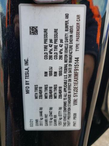 46497524 :رقم المزاد ، 5YJ3E1EAXMF915144 vin ، 2021 Tesla Model 3 مزاد بيع