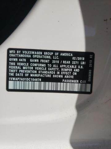 Продажа на аукционе авто 2013 Volkswagen Passat S, vin: 1VWAP7A31DC104676, номер лота: 47687624