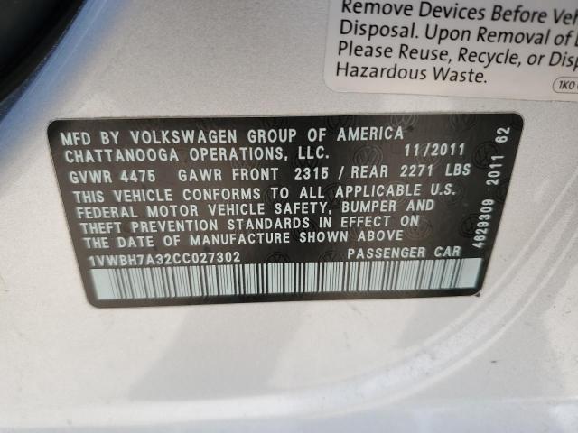 Aukcja sprzedaży 2012 Volkswagen Passat Se, vin: 1VWBH7A32CC027302, numer aukcji: 45510054