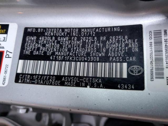 Продажа на аукционе авто 2012 Toyota Camry Base, vin: 4T1BF1FK3CU043908, номер лота: 45878754