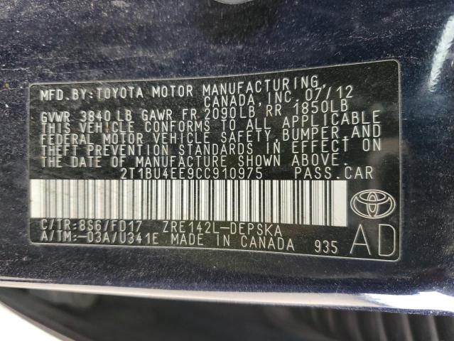 47420774 :رقم المزاد ، 2T1BU4EE9CC910975 vin ، 2012 Toyota Corolla Base مزاد بيع