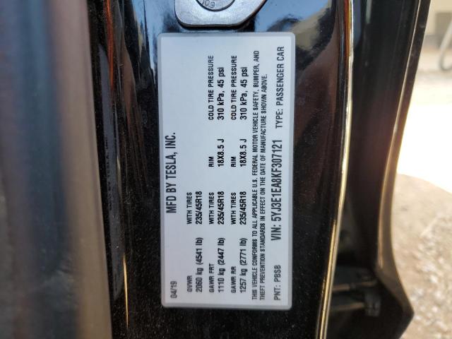 47717594 :رقم المزاد ، 5YJ3E1EA8KF307121 vin ، 2019 Tesla Model 3 مزاد بيع