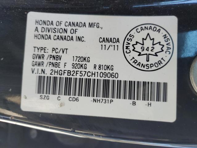 2012 Honda Civic Lx მანქანა იყიდება აუქციონზე, vin: 2HGFB2F57CH109060, აუქციონის ნომერი: 45380224