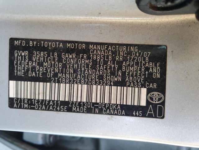 Продаж на аукціоні авто 2007 Toyota Corolla Ce, vin: 2T1BR32E87C833294, номер лоту: 48389725