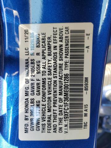 2021 Honda Civic მანქანა იყიდება აუქციონზე, vin: 19XFC1F36ME001286, აუქციონის ნომერი: 48188565