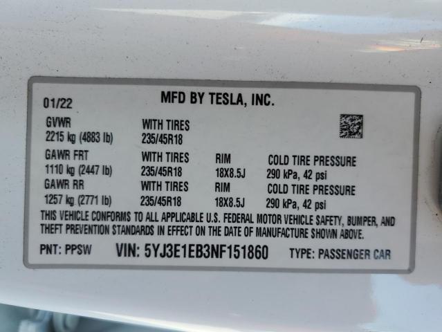 Aukcja sprzedaży 2022 Tesla Model 3, vin: 5YJ3E1EB3NF151860, numer aukcji: 45495215
