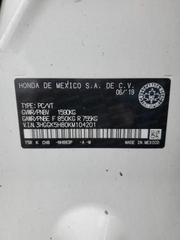 2019 Honda Fit მანქანა იყიდება აუქციონზე, vin: 3HGGK5H80KM104201, აუქციონის ნომერი: 50489635