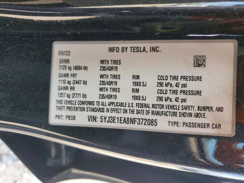 45889126 :رقم المزاد ، 5YJ3E1EA8NF372085 vin ، 2022 Tesla Model 3 مزاد بيع