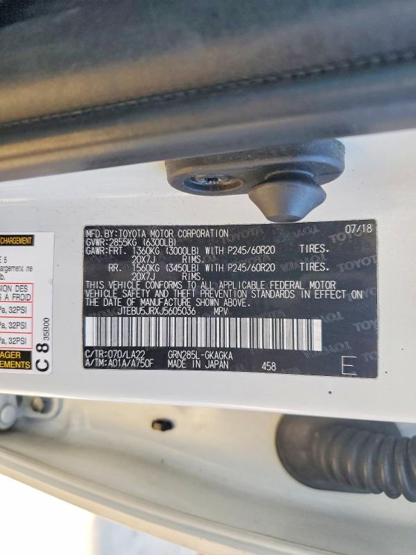 Aukcja sprzedaży 2018 Toyota 4runner, vin: JTEBU5JRXJ5605036, numer aukcji: 45826546