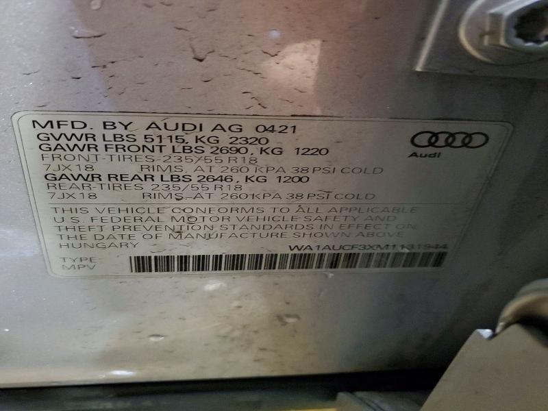 Продаж на аукціоні авто 2021 Audi Q3, vin: WA1AUCF3XM1131944, номер лоту: 45678816