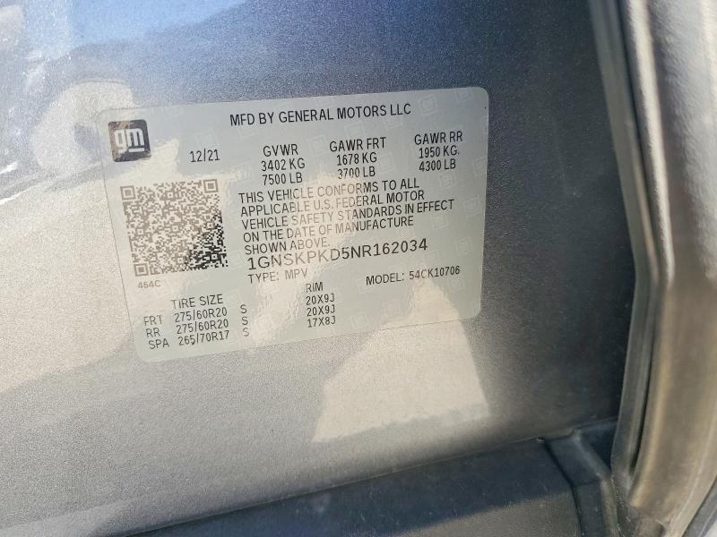 46443006 :رقم المزاد ، 1GNSKPKD5NR162034 vin ، 2022 Chevrolet Tahoe مزاد بيع