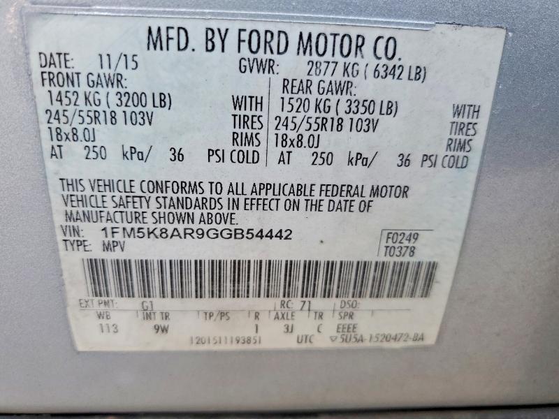 46224486 :رقم المزاد ، 1FM5K8AR9GGB54442 vin ، 2016 Ford Explorer مزاد بيع