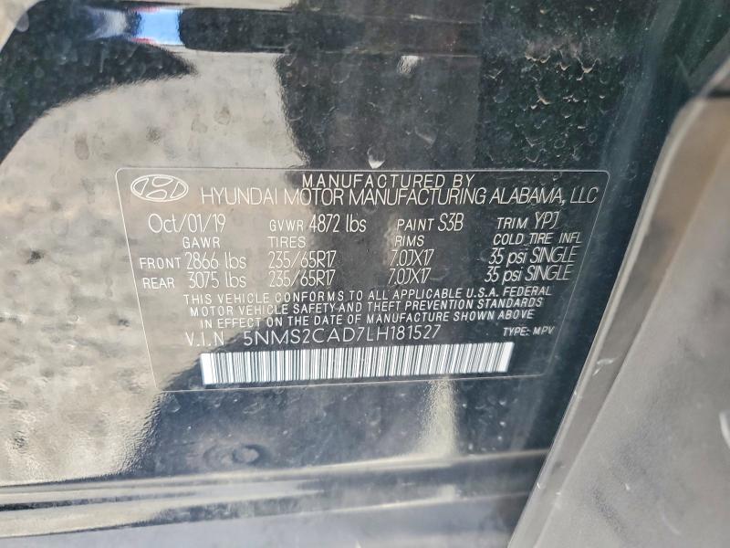2020 Hyundai Santa Fe მანქანა იყიდება აუქციონზე, vin: 5NMS2CAD7LH181527, აუქციონის ნომერი: 46893406