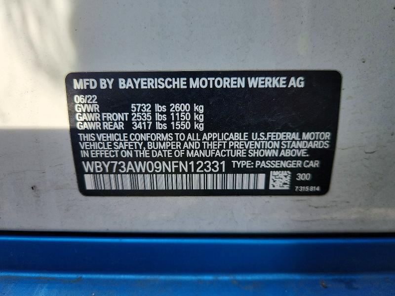 2022 Bmw I4 მანქანა იყიდება აუქციონზე, vin: WBY73AW09NFN12331, აუქციონის ნომერი: 46892096