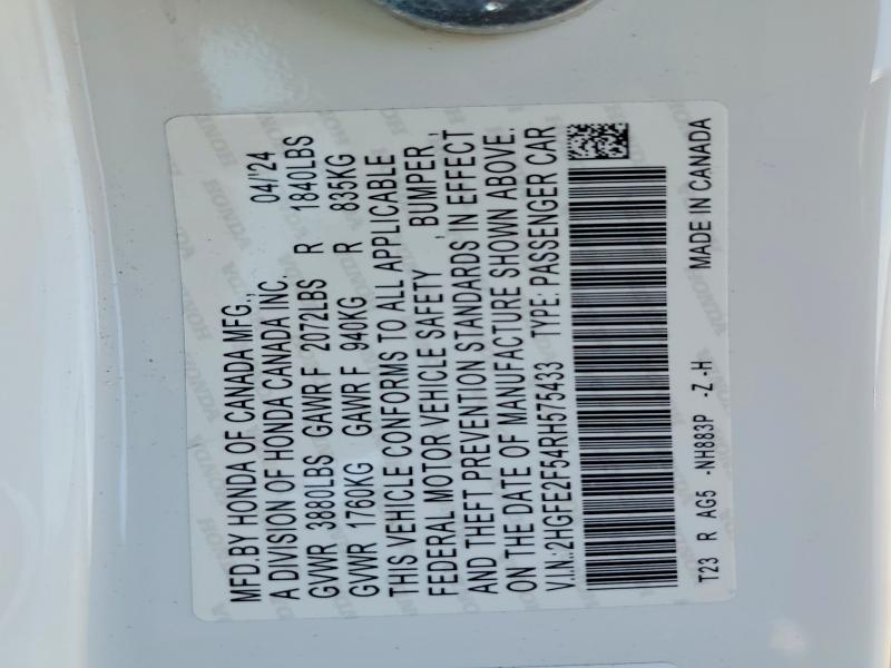 2024 Honda Civic მანქანა იყიდება აუქციონზე, vin: 2HGFE2F54RH575433, აუქციონის ნომერი: 47815486