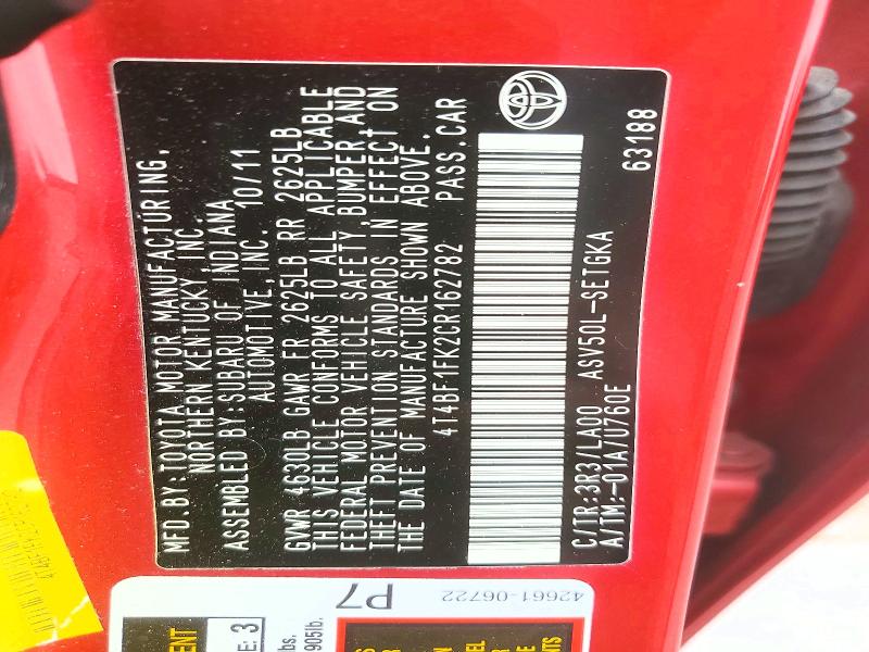 2012 Toyota Camry მანქანა იყიდება აუქციონზე, vin: 4T4BF1FK2CR162782, აუქციონის ნომერი: 47212226
