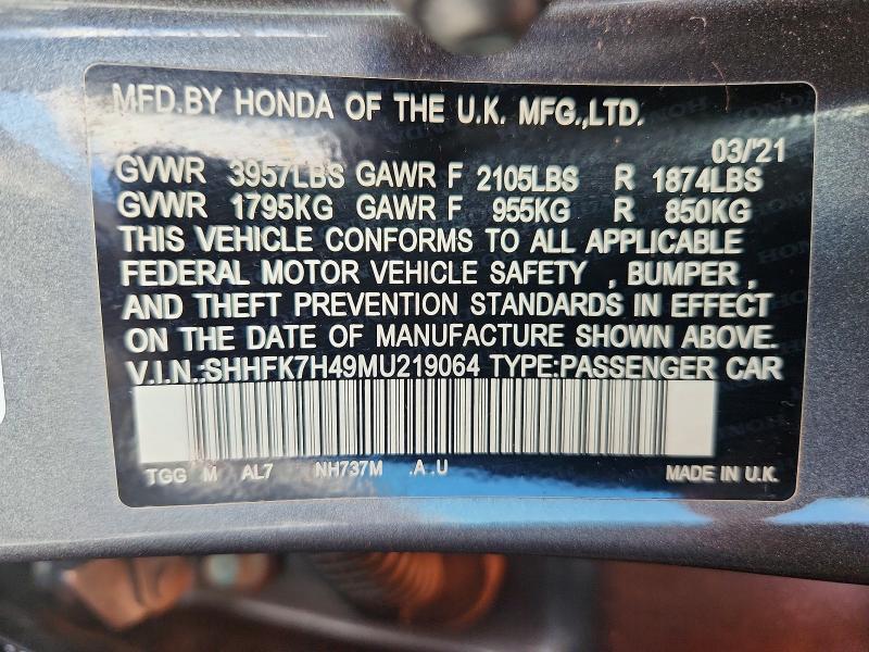 Aukcja sprzedaży 2021 Honda Civic, vin: SHHFK7H49MU219064, numer aukcji: 79593065
