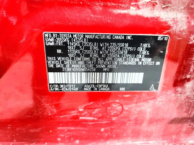 46150966 :رقم المزاد ، 2T3RF4DVXAW054258 vin ، 2010 Toyota Rav4 مزاد بيع