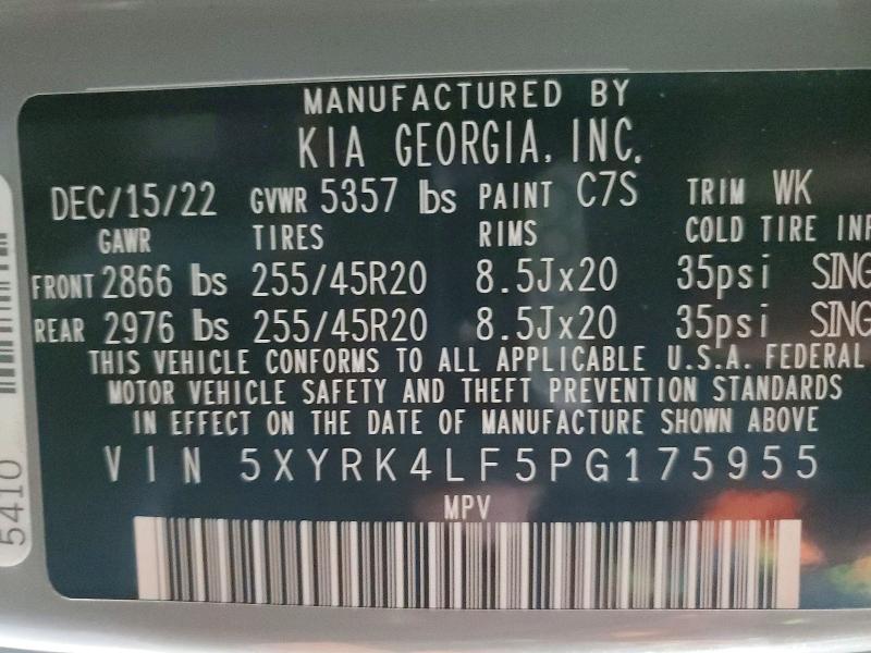 2023 Kia Sorento მანქანა იყიდება აუქციონზე, vin: 5XYRK4LF5PG175955, აუქციონის ნომერი: 41830866