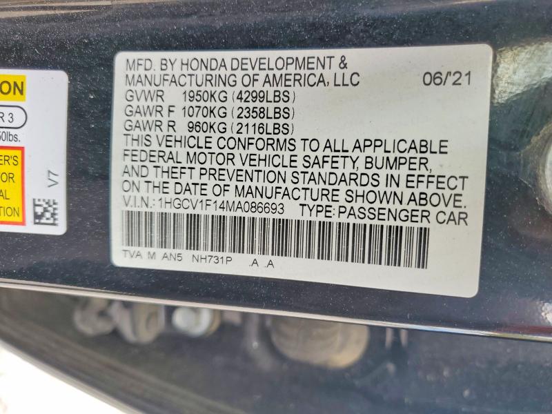 Продажа на аукционе авто 2021 Honda Accord, vin: 1HGCV1F14MA086693, номер лота: 47891386