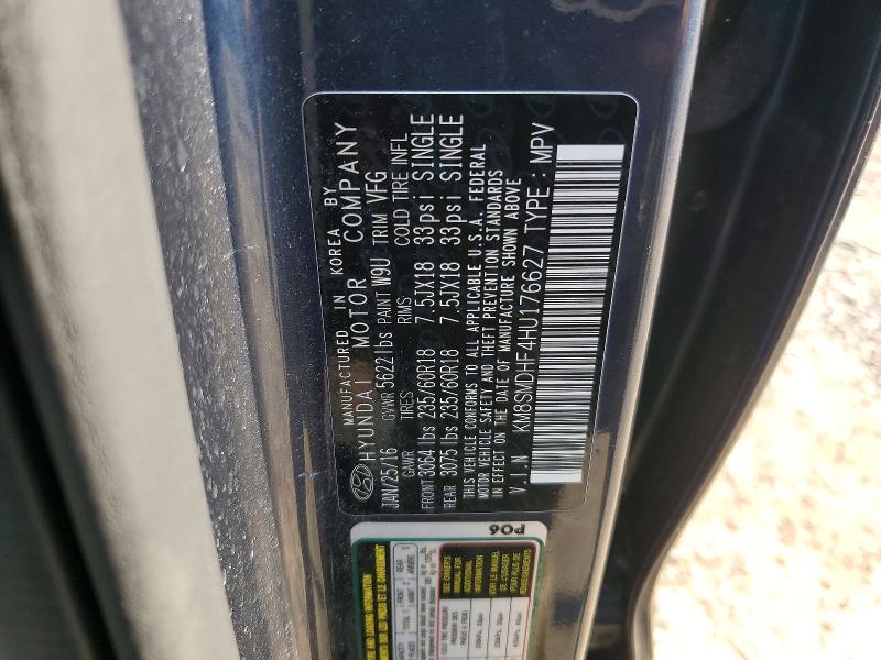 2017 Hyundai Santa Fe მანქანა იყიდება აუქციონზე, vin: KM8SMDHF4HU176627, აუქციონის ნომერი: 47522266