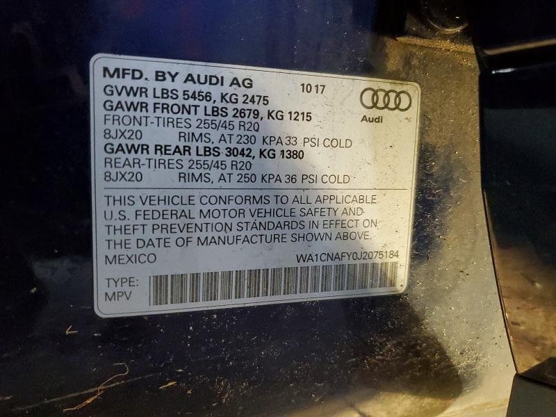 2018 Audi Q5 მანქანა იყიდება აუქციონზე, vin: WA1CNAFY0J2075184, აუქციონის ნომერი: 78234385