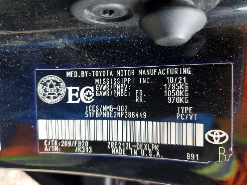 79833185 :رقم المزاد ، 5YFBPMBE2NP286449 vin ، 2022 Toyota Corolla مزاد بيع