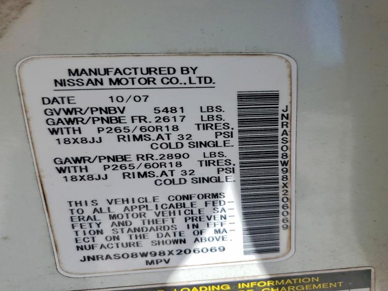 47091706 :رقم المزاد ، JNRAS08W98X206069 vin ، 2008 Infiniti Fx35 مزاد بيع