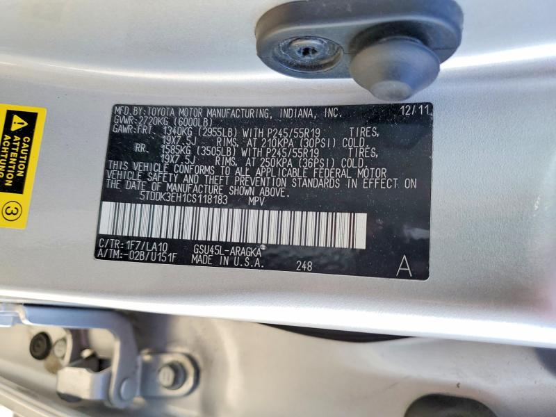 Aukcja sprzedaży 2012 Toyota Highlander, vin: 5TDDK3EH1CS118183, numer aukcji: 45620716