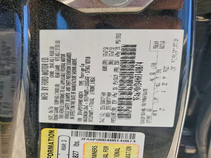 2017 Ford Fusion მანქანა იყიდება აუქციონზე, vin: 3FA6P0HD4HR140874, აუქციონის ნომერი: 46550206
