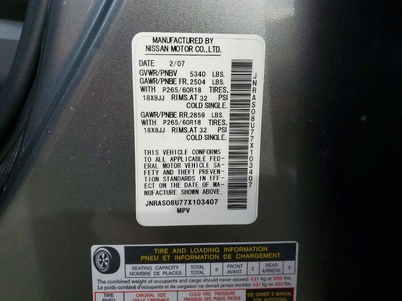 41586576 :رقم المزاد ، JNRAS08U77X103407 vin ، 2007 Infiniti Fx35 مزاد بيع