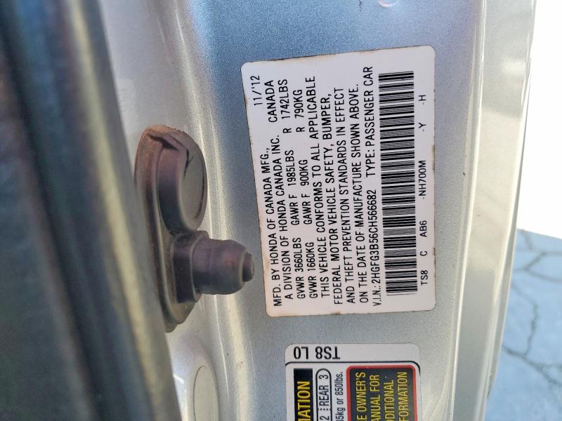 Продаж на аукціоні авто 2012 Honda Civic, vin: 2HGFG3B56CH566682, номер лоту: 46069216