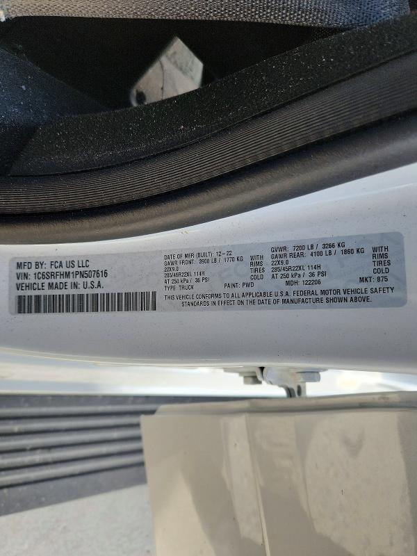 2023 Ram 1500 მანქანა იყიდება აუქციონზე, vin: 1C6SRFHM1PN507616, აუქციონის ნომერი: 47636286