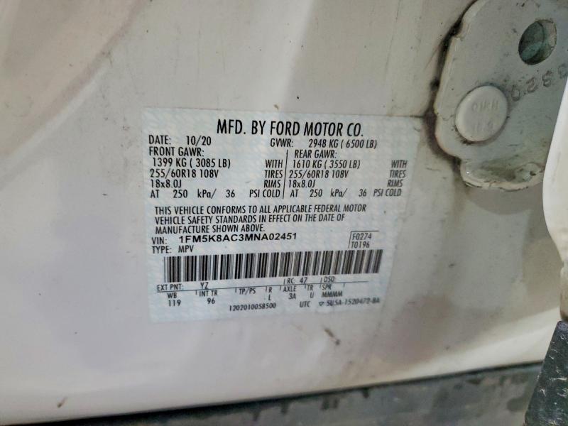 51610636 :رقم المزاد ، 1FM5K8AC3MNA02451 vin ، 2021 Ford Explorer مزاد بيع