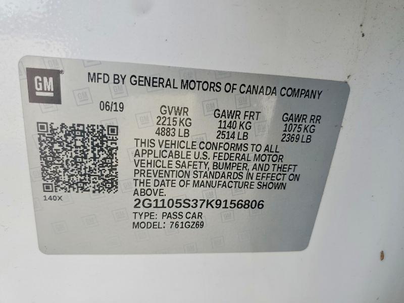 Aukcja sprzedaży 2019 Chevrolet Impala, vin: 2G1105S37K9156806, numer aukcji: 46421056