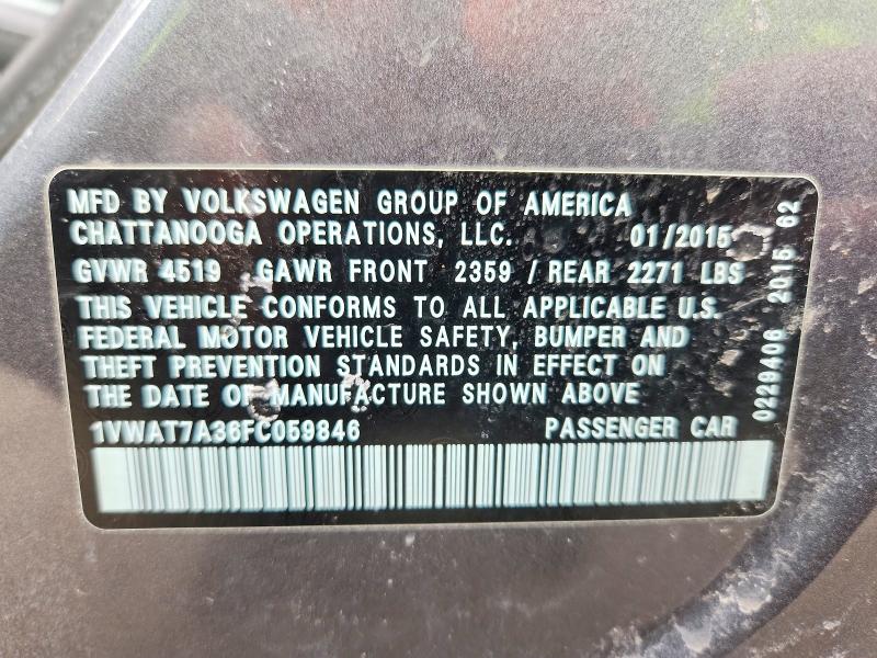 46297526 :رقم المزاد ، 1VWAT7A36FC059846 vin ، 2015 Volkswagen Passat مزاد بيع