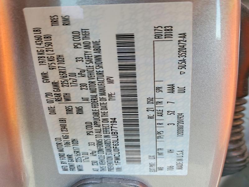 2020 Ford Escape მანქანა იყიდება აუქციონზე, vin: 1FMCU0F63LUB77194, აუქციონის ნომერი: 41775716