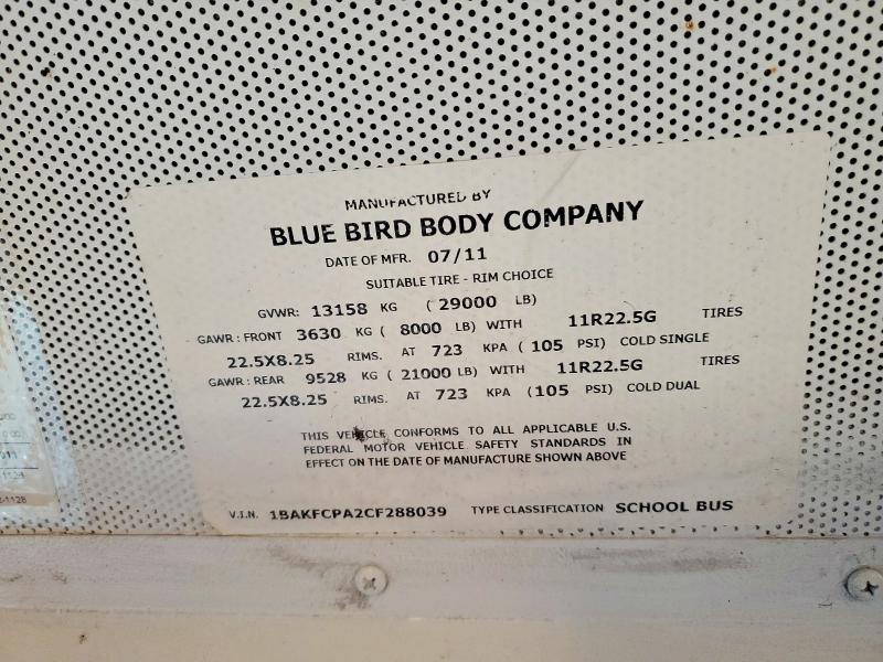 72393955 :رقم المزاد ، 1BAKFCPA2CF288039 vin ، 2012 Blue Bird School Bus مزاد بيع