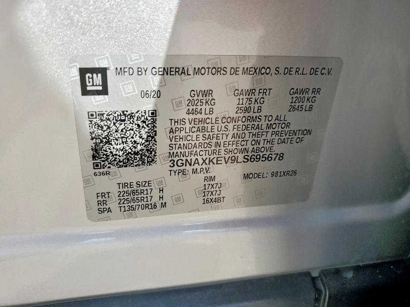Aukcja sprzedaży 2020 Chevrolet Equinox, vin: 3GNAXKEV9LS695678, numer aukcji: 45602266