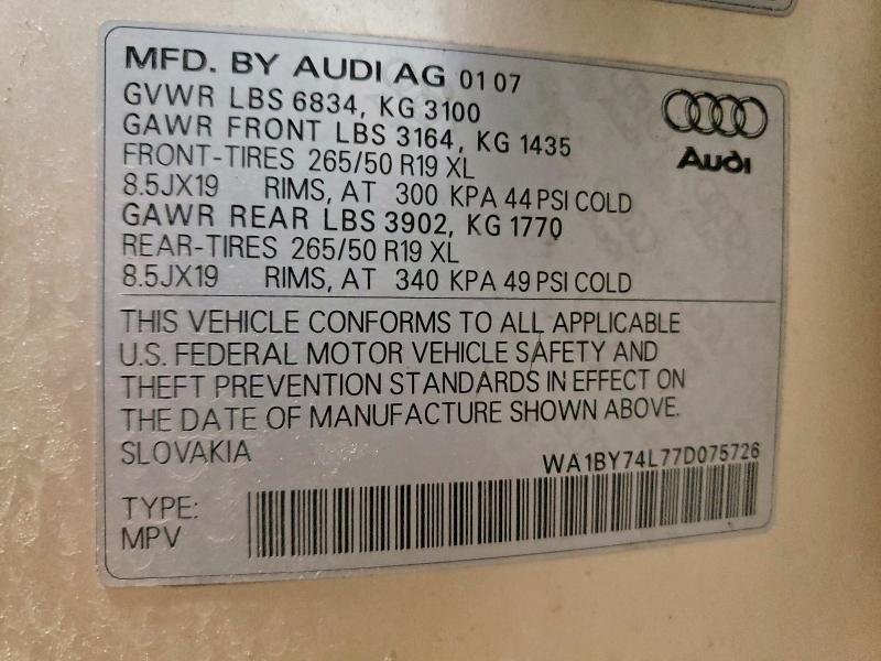 Aukcja sprzedaży 2007 Audi Q7, vin: WA1BY74L77D075726, numer aukcji: 48420386