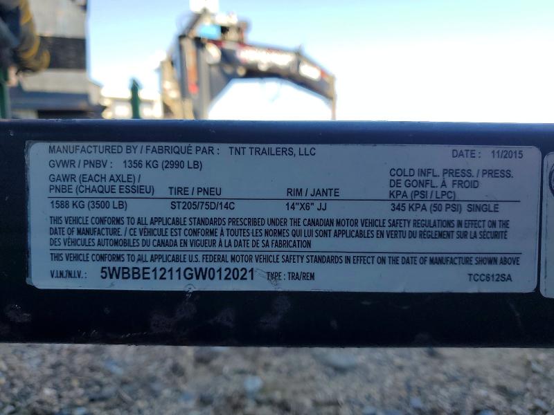 Auction sale of the 2016 Tnt Utility, vin: 5WBBE1211GW012021, lot number: 79033705