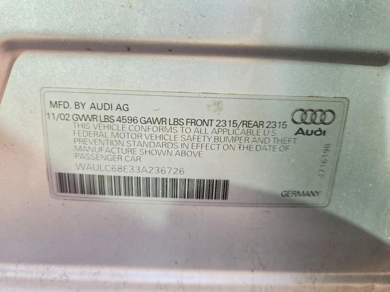 48137016 :رقم المزاد ، WAULC68E33A236726 vin ، 2003 Audi A4 مزاد بيع