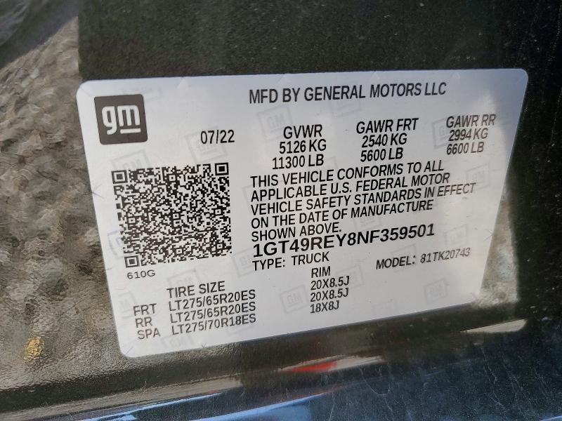 47289946 :رقم المزاد ، 1GT49REY8NF359501 vin ، 2022 Gmc Sierra مزاد بيع
