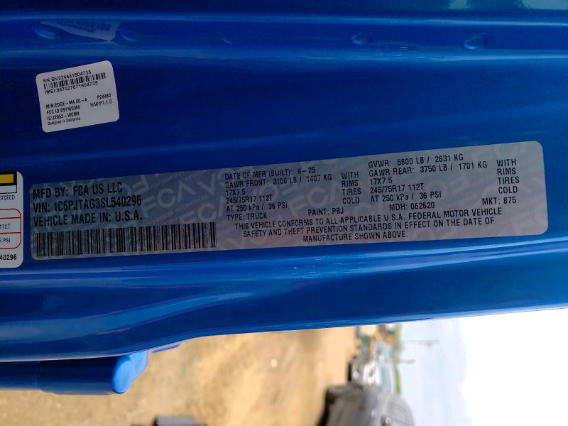 2025 Jeep Gladiator მანქანა იყიდება აუქციონზე, vin: 1C6PJTAG3SL540296, აუქციონის ნომერი: 42006616