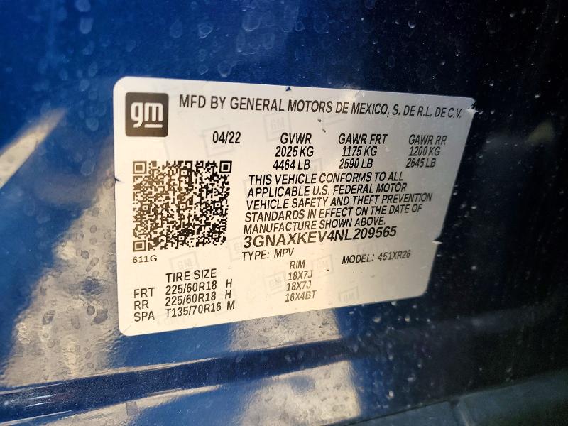 Продаж на аукціоні авто 2022 Chevrolet Equinox, vin: 3GNAXKEV4NL209565, номер лоту: 46410156