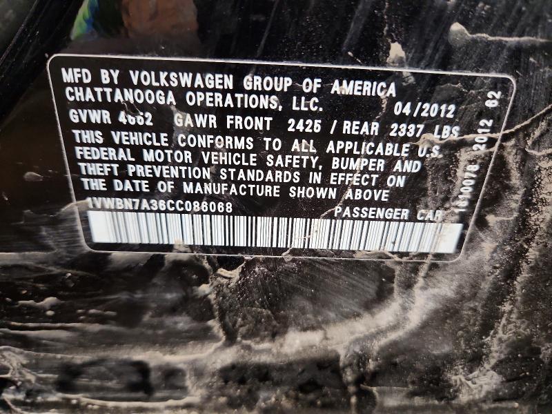 47582126 :رقم المزاد ، 1VWBN7A36CC086068 vin ، 2012 Volkswagen Passat مزاد بيع