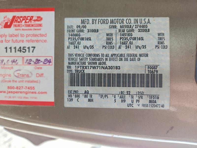2001 Ford F150 მანქანა იყიდება აუქციონზე, vin: 1FTRX17W71NA30183, აუქციონის ნომერი: 47291136
