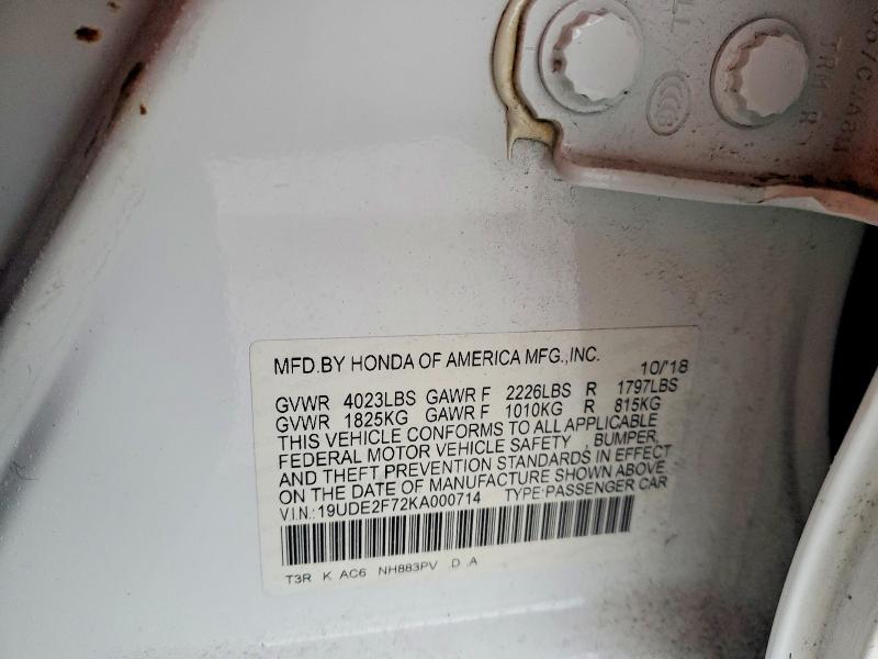 42049136 :رقم المزاد ، 19UDE2F72KA000714 vin ، 2019 Acura Ilx مزاد بيع