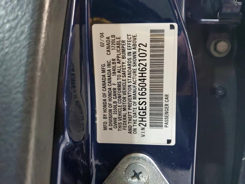 Aukcja sprzedaży 2004 Honda Civic, vin: 2HGES16504H621072, numer aukcji: 47405836
